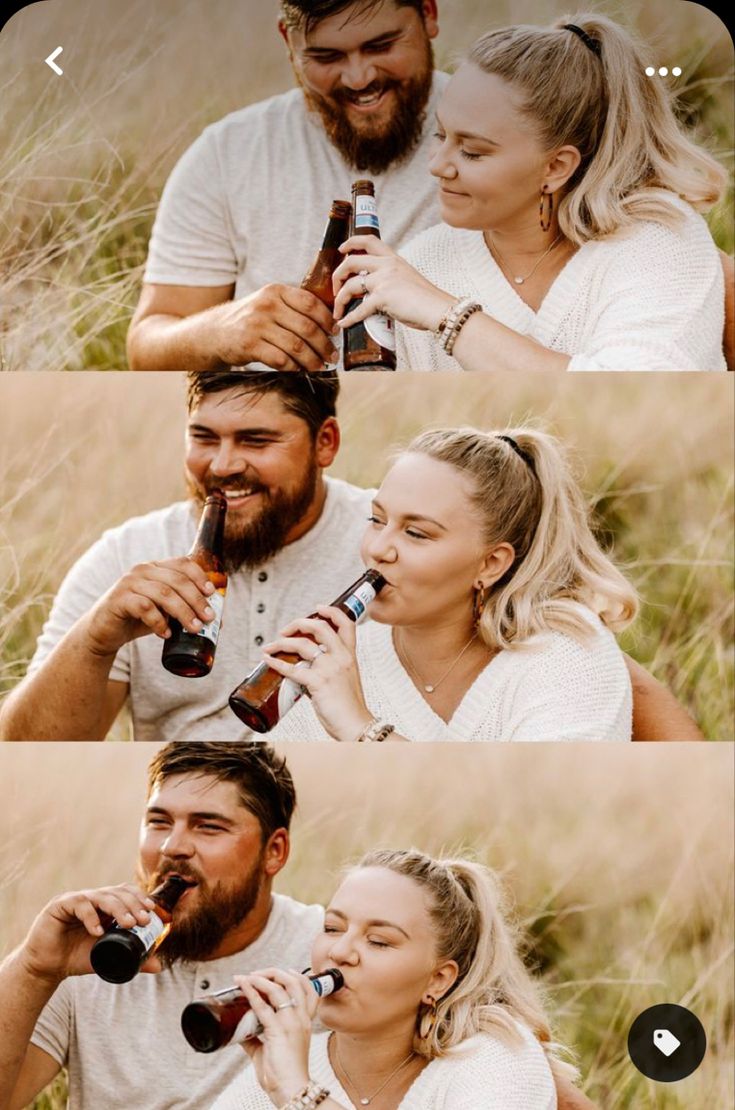 a man and woman sitting next to each other drinking from bottles in the grass with their mouths open