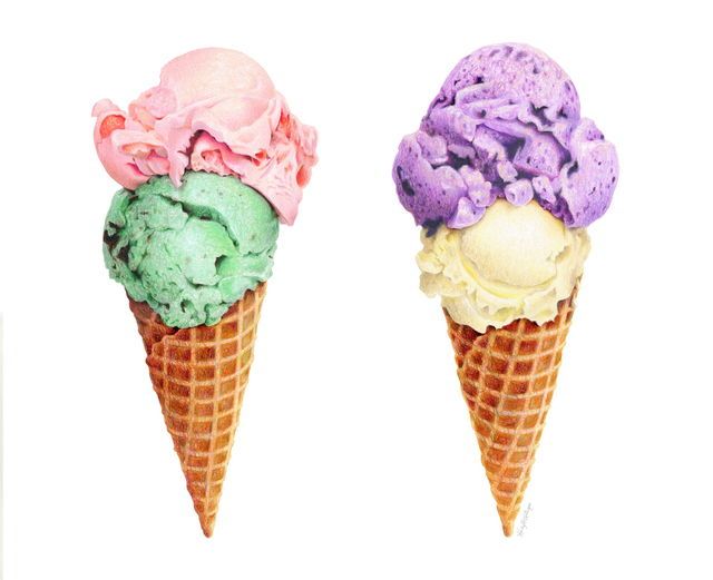 two ice cream cones with different colors in them