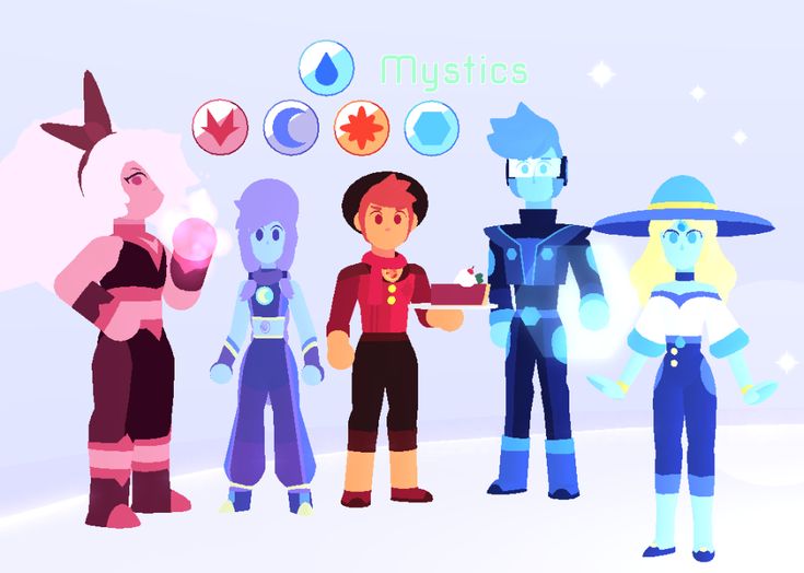 several cartoon characters are standing together in front of a blue and white background with the words mystics above them