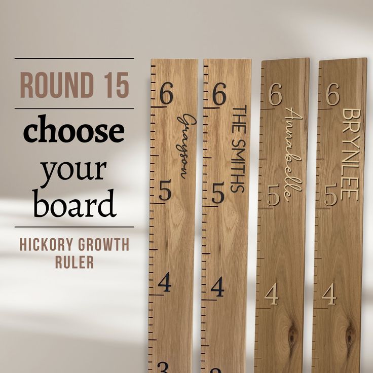 three wooden rulers with the words, choose your board and four rulers on them