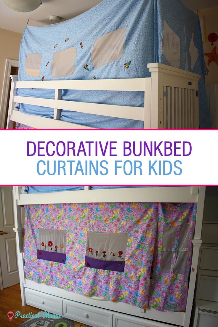 a bunk bed with curtains on it and the words decorative bunkbed curtains for kids