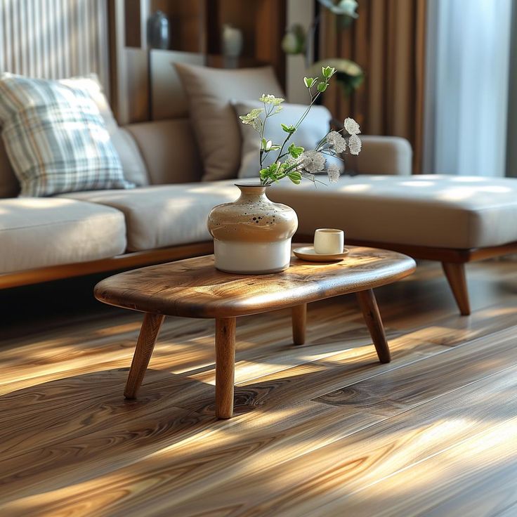 a living room scene with focus on the coffee table and flowers in front of the couch