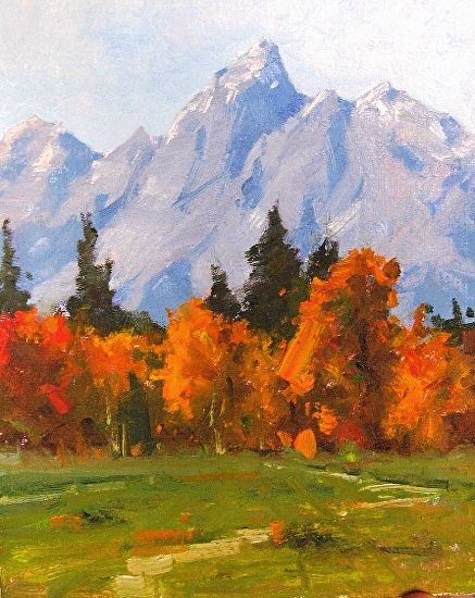 an oil painting of mountains and trees in the fall