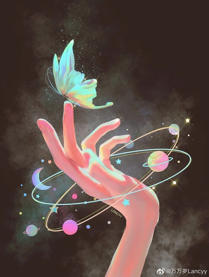 a woman's hand holding a butterfly in the air with planets and stars around her