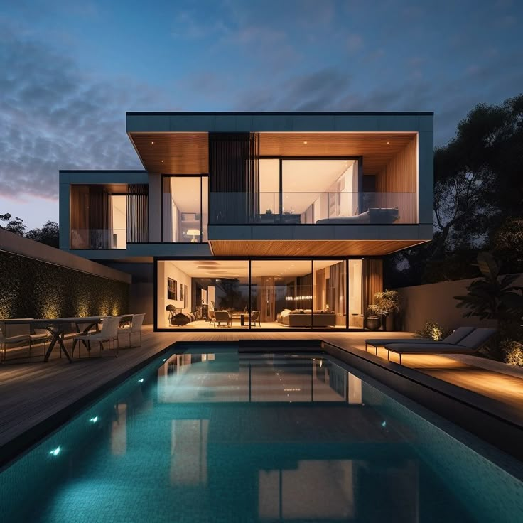 a large house with a swimming pool in front of it at night, surrounded by greenery