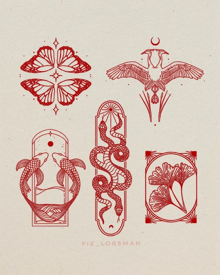 four different types of art work with red ink on white paper, each featuring an image of a bird and two snakes