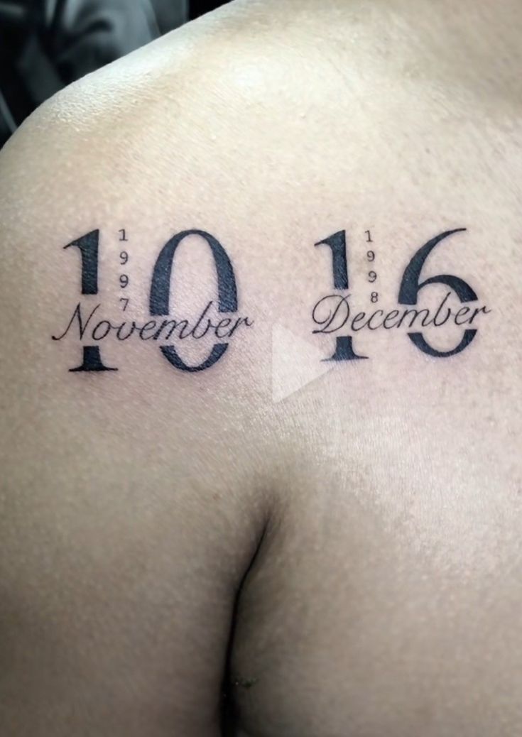 the back of a man's shoulder with two numbers and date tattoos on it