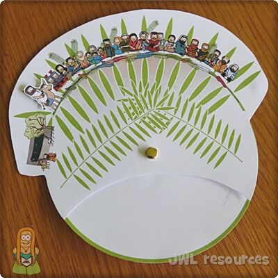 a paper plate that has some pictures on it with people around the palm leaf design