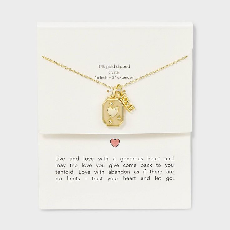 Elevate your style with 14k Gold Dipped "Love", Heart and Crystal Stars Tag Charm Necklace in Gold, a symbol of luck and hope. This delicate necklace features a beautifully crafted heart, love and stars made from durable material that shines with a subtle, elegant luster. The pendant hangs gracefully on a fine gold chain, making it perfect for layering or wearing alone as a statement piece. Ideal for daily wear or special occasions. Heart Pendant Charm Necklace For Best Friend Gift, Inspirational Jewelry With Heart Charm For Gift, Meaningful Gold Heart Pendant Jewelry, Gold Heart Pendant Necklace For Best Friend, Adjustable Heart Charm Necklace For Best Friend, Inspirational Gold Heart Jewelry, Inspirational Heart-shaped Gold Jewelry, Double Heart Charm Necklace Valentine's Day Gift, Gold Heart Charm Necklace For Best Friend