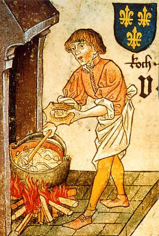 an illustration of a man cooking food over a fire in front of a coat of arms