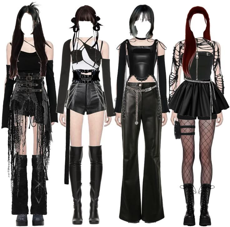 Black Dress Kpop Outfit, Kpop Outfit Women, Kpop Boots Outfit, Kpop Stage Outfits Ideas Black, All Black Kpop Outfit, Lesserafim Outfit Ideas, All Black Stage Outfit, Ateez Concert Outfit Ideas Plus Size, Black Outfits Concert