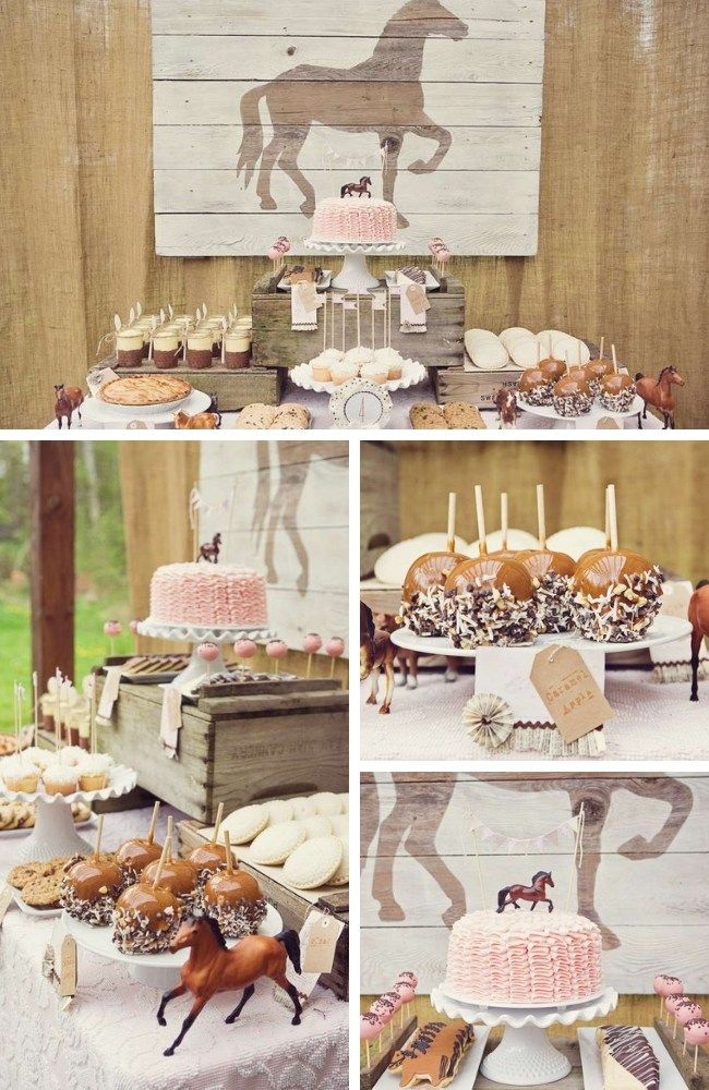 the dessert table is decorated with horses and cakes