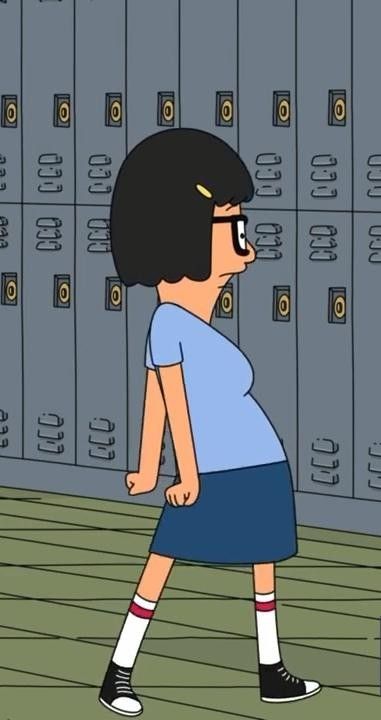 a cartoon character is standing in front of lockers and looking at the floor with glasses on