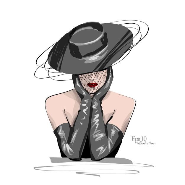 a drawing of a woman wearing a black hat and scarf with her hands on her face