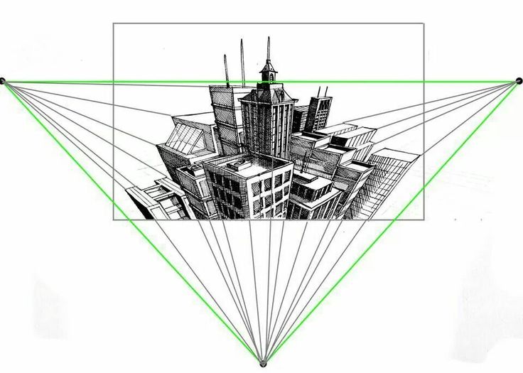 a drawing of a city with skyscrapers and buildings in the middle, surrounded by green lines