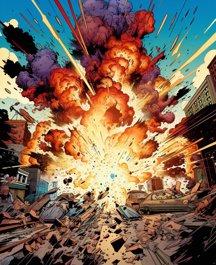 Experimenting with comic book artwork. Trying to nail the explosive energy. Comic Fire Drawing, How To Draw Explosions Manga, Explosion Comic Art, Explosion Art Reference, Explosion Effect Drawing, Comic Explosion Illustration, Building Explosion Drawing, Anime Explosion Drawing, How To Draw An Explosion