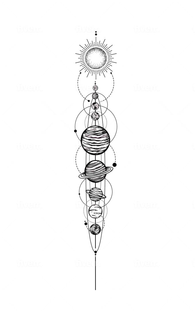 an ink drawing of the sun and planets