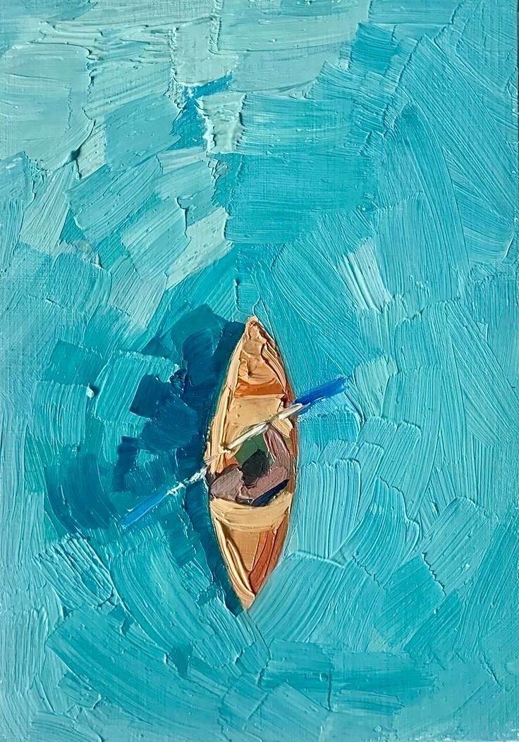 a painting of a person paddling a canoe in the water with blue paint on it