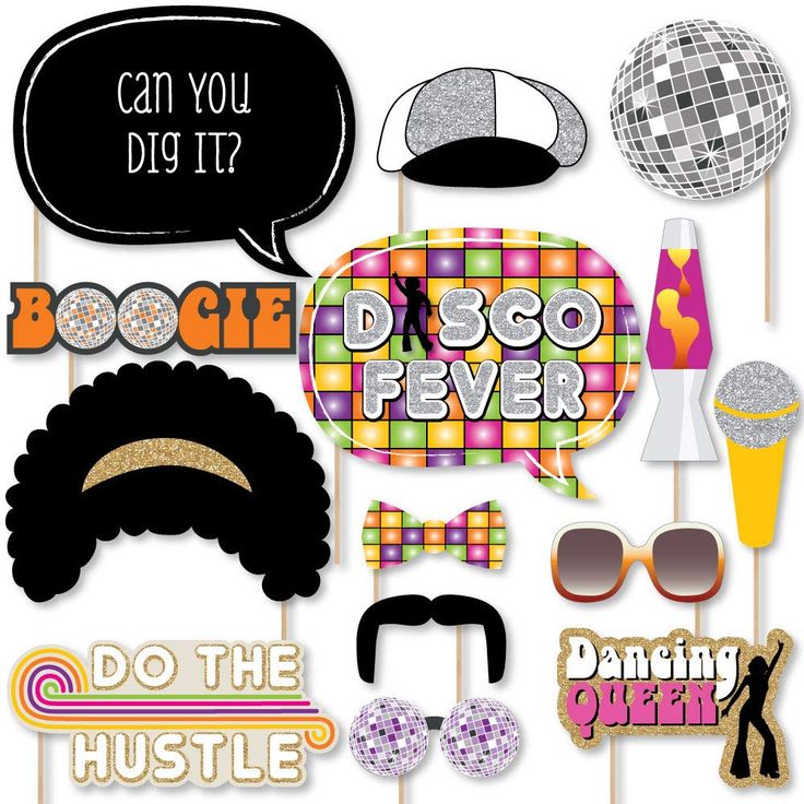 an assortment of party photo booth props including sunglasses, hats, and disco balls with the words can you dig it?