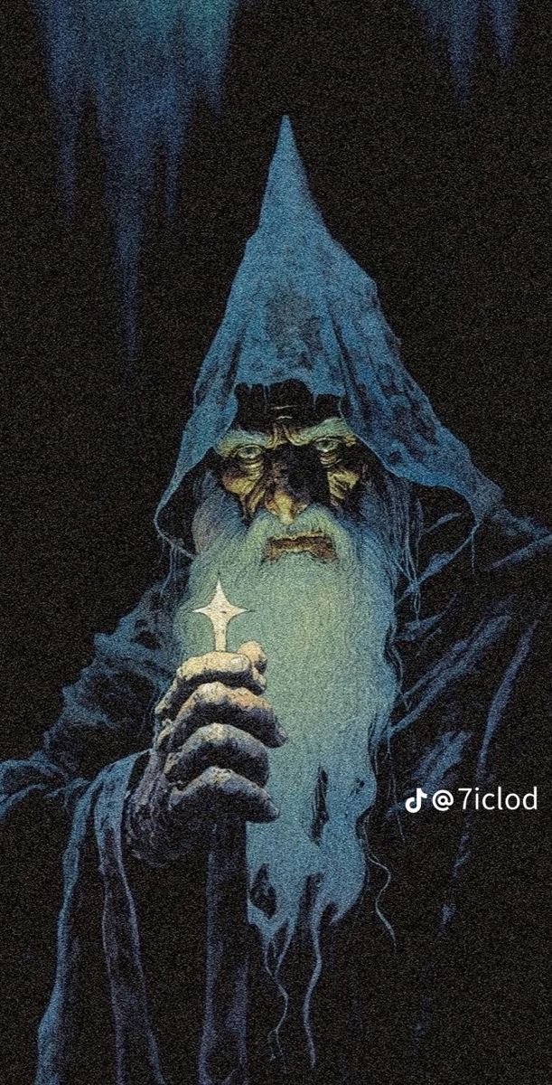 an old wizard holding a star in his hand and looking at the camera with evil eyes