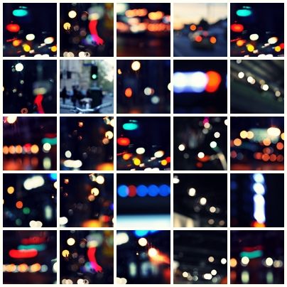 many blurry images of city lights are shown in this collage, including traffic