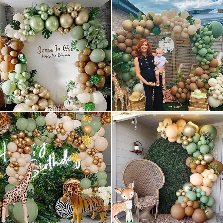 a collage of photos with balloons, animals and plants on display at an animal themed birthday party