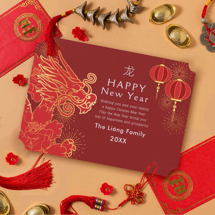 a red and gold chinese new year's card surrounded by other decorations