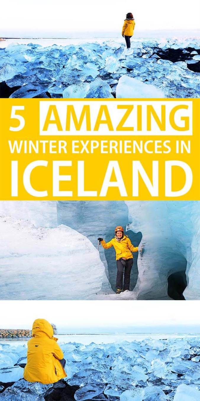 a person standing in an ice cave with text overlay reading 5 amazing winter experiences in iceland