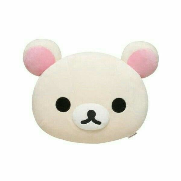 a close up of a stuffed animal on a white background with black eyes and ears