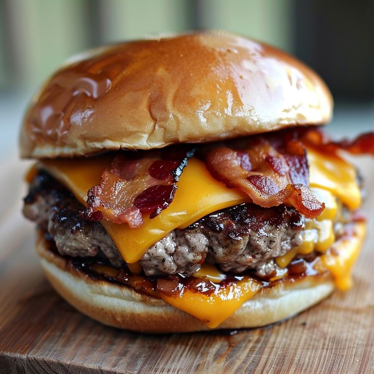 a bacon cheeseburger on a wooden cutting board