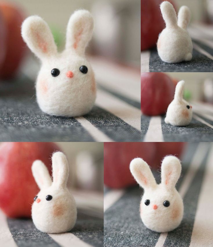 four pictures of small stuffed animals sitting on the ground next to an apple and one has its eyes open