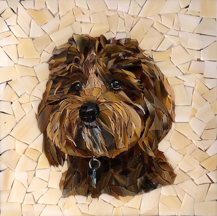 a painting of a dog made out of broken tiles