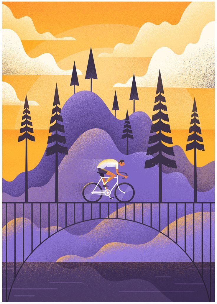 a person riding a bike across a bridge in the middle of a forest at sunset