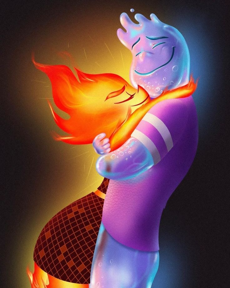 a cartoon character hugging another character with fire in the background