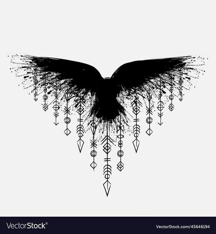 an artistic black and white drawing with arrows in the shape of a bird's wings