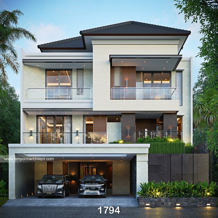 two cars are parked in front of a modern house with balconies on the second floor