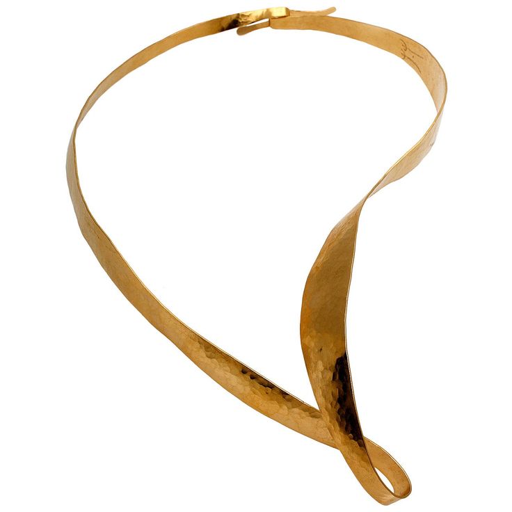 This elegant piece of jewelry is hand-sculpted and hammered in brass by sculptor designer Jacques Jarrige then gold-plated with 18-karat gold (three microns). The movement achieved in this necklace is ravishing and echoes his iconic pieces of furniture and lighting. Edition of 5. Elegant Bronze Hand Forged Jewelry, Elegant Hand Forged Bronze Jewelry, Elegant Brass Jewelry With Shiny Finish, Gold-tone Hammered Jewelry For Formal Occasions, Formal Bronze Gold-plated Jewelry, Formal Gold-tone Hammered Jewelry, Luxury Bronze Necklace For Formal Occasions, Luxury Bronze Necklaces For Formal Occasions, Formal Hammered Gold-tone Jewelry