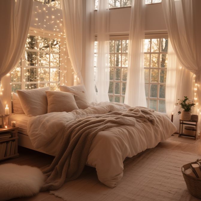 a large bed sitting in a bedroom next to two windows with fairy lights on them