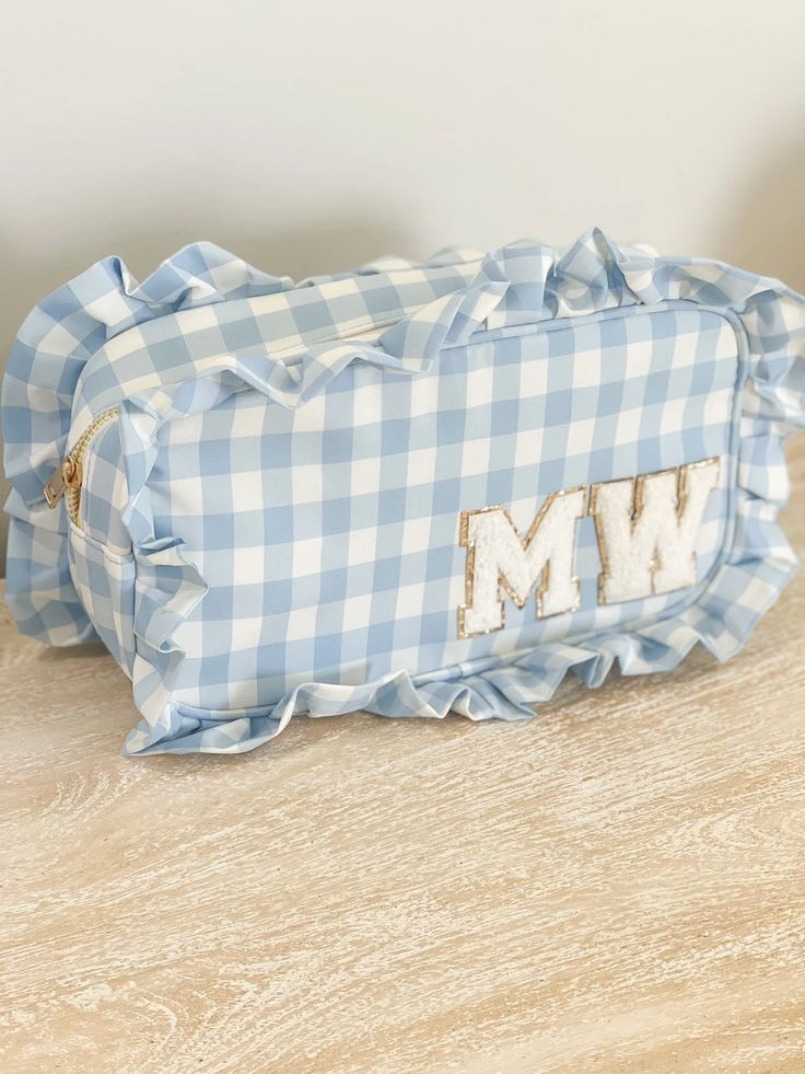 Large Blue Ruffle Gingham Bag With Chenille Letter Patches - Etsy Preppy Travel Bags, Gingham Bag, Preppy Travel, Preppy Baby, Fur Pom Pom Beanie, Letter Patches, Birthday Wishlist, Pencil Bags, Purple Bags