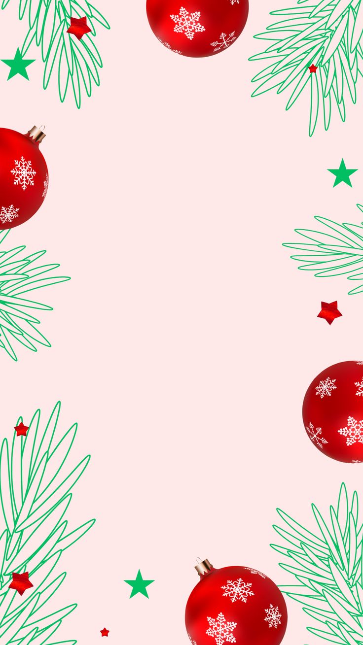 a red christmas ornament surrounded by green pine needles and stars on a pink background