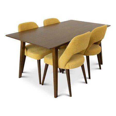 an image of a dining table and chairs with yellow upholstered chairs on each side