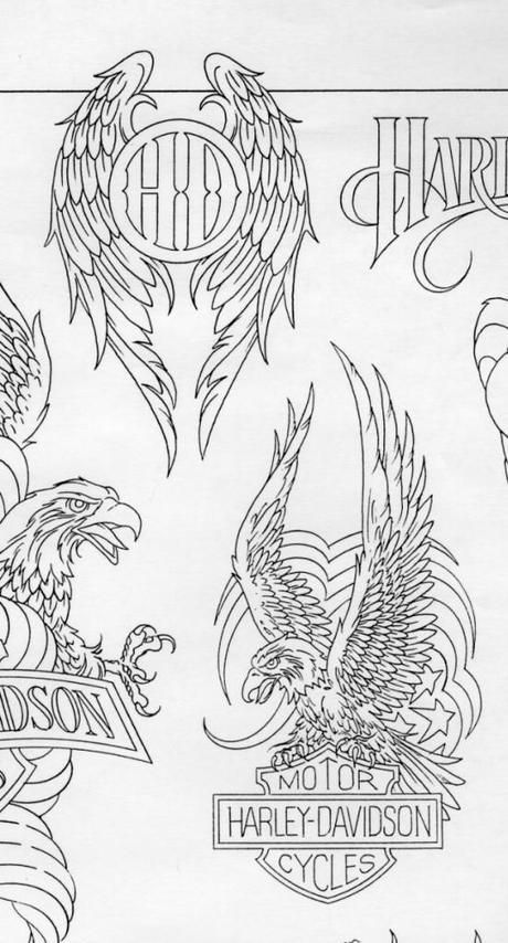 an old school tattoo design with eagle and motorcycle emblems on the back of it