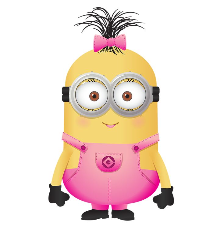 a cartoon minion with big eyes and a pink bow on her head is standing in front of a white background