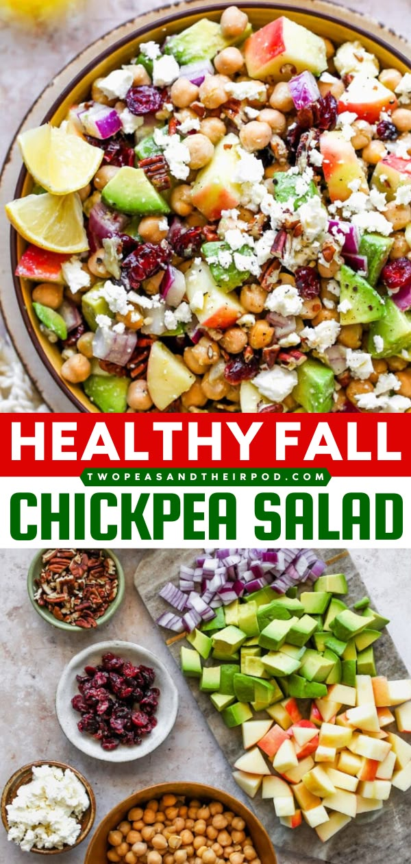 Looking for the best Fall recipe for dinner? This Fall Chickpea Salad is simple and healthy! It’s made with chickpeas, apples, avocado, dried cranberries, pecans, red onion, feta cheese, and apple cider dressing. Pin this Fall meal! Fall Bean Chopped Salad, Chickpea Lettuce Salad, Fall Chopped Salad Recipes, Chickpea Fall Salad, Salad Recipes With Chickpeas, Healthy Potluck Side Dishes, Chickpea Salad With Apples, Chick Peas Salad Healthy, Chickpea Salad Recipes Healthy