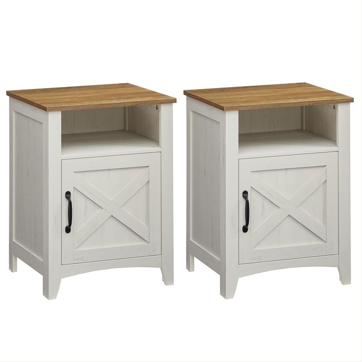 two white and wood side tables with doors