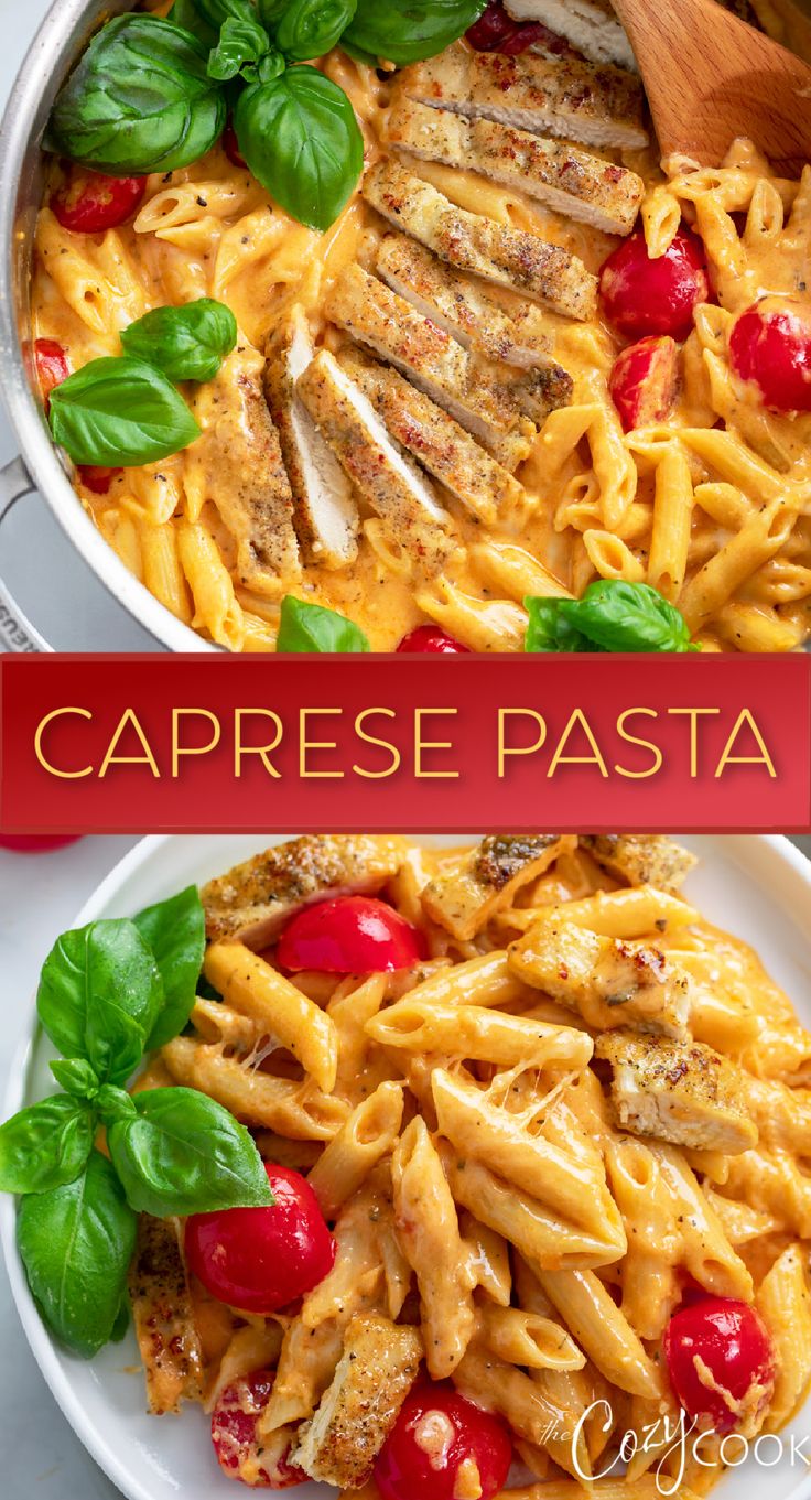 Pasta in a creamy tomato sauce with basil and cherry tomatoes. Chicken And Pasta Recipes, Tomato Cream Sauce Pasta, Chicken And Pasta, Tomato Cream Sauce, Cherry Tomato Recipes, Cherry Tomato Pasta, Caprese Pasta, Fresh Cherry, Caprese Chicken