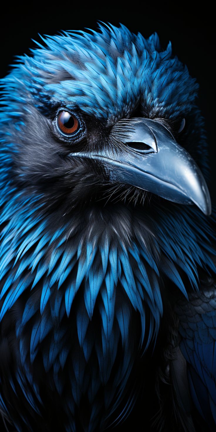 a blue and black bird with an orange eye looking at the camera while standing in front of a dark background