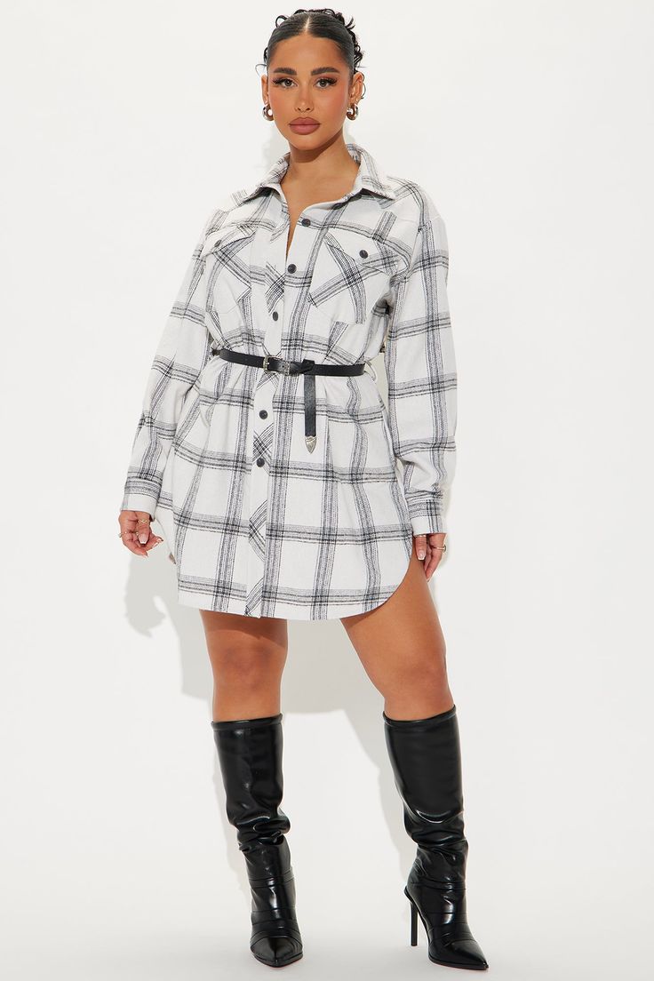 Available In Black/White And White/Black. Flannel Shirt Dress Collar neckline Button up Includes belt Curved heam Fringe back detail Non-Stretch Length = 33" 75% Polyester 25% Cotton Imported | Jessie Flannel Shirt Dress in White/Black size XS by Fashion Nova Black Flannel Shirt, Shirt Mini Dress, Flannel Shirt Dress, Black Flannel, Dress Collar, Flannel Dress, White Shirt Dress, Mini Shirt Dress, Collar Dress