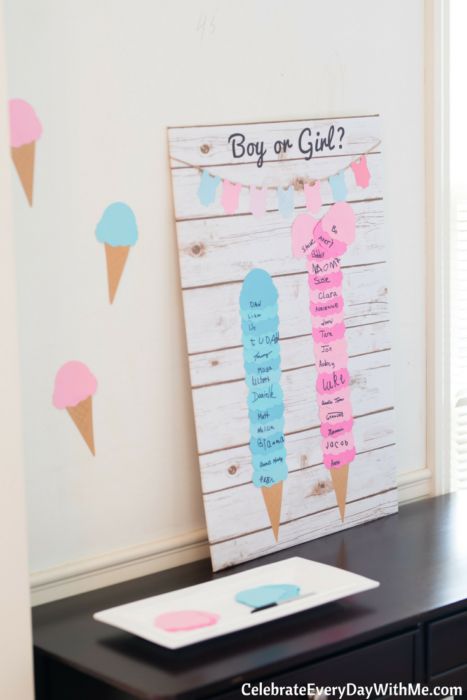 a wooden sign with ice cream cones hanging from it's sides and the words boy or girl written on it