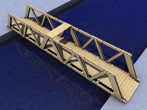 a wooden bridge is shown on a blue surface